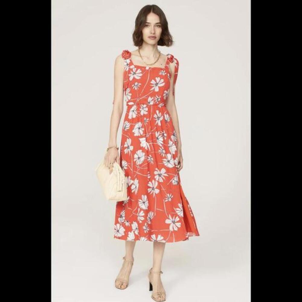 Jason Wu Collective Red Floral Tie Shoulder Midi Dress Size 8 Viscose Rayon